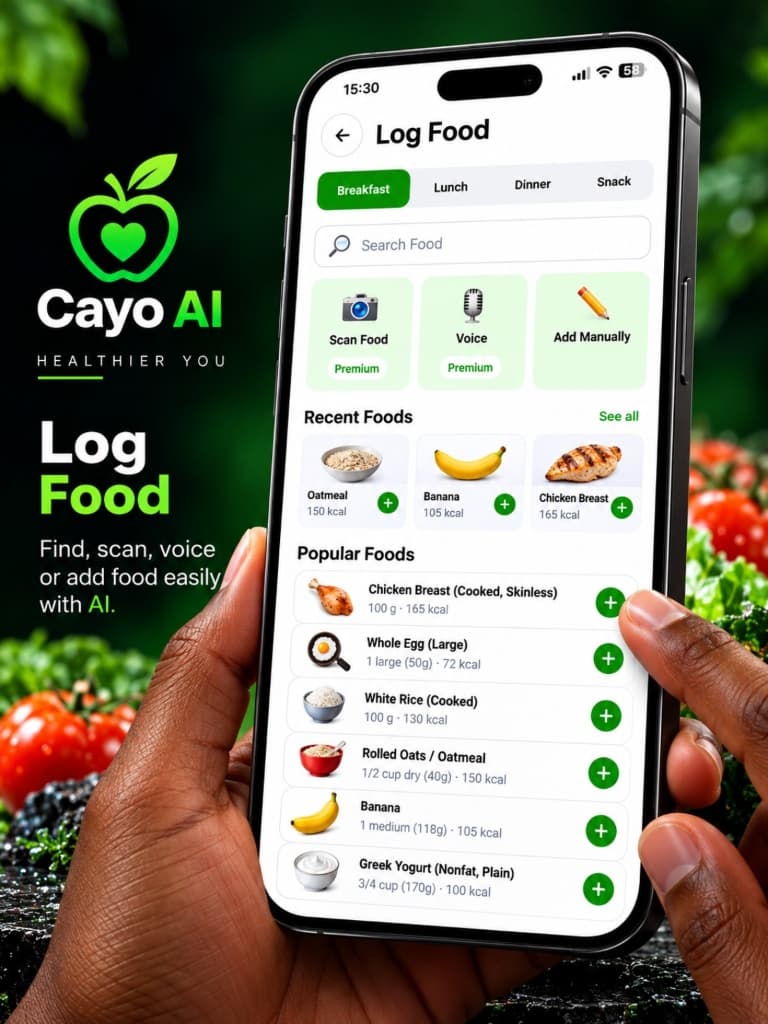 Cayo AI Log Food screen with breakfast, lunch, dinner and snack tabs, food search, Scan Food, Voice and Add Manually options, and recent and popular foods