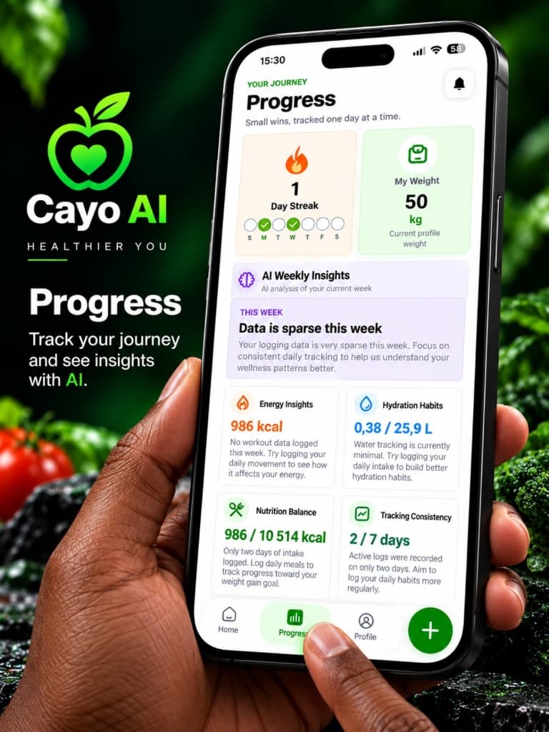 Cayo AI Progress screen with day streak, current weight and AI weekly insights on energy, hydration, nutrition balance and tracking consistency