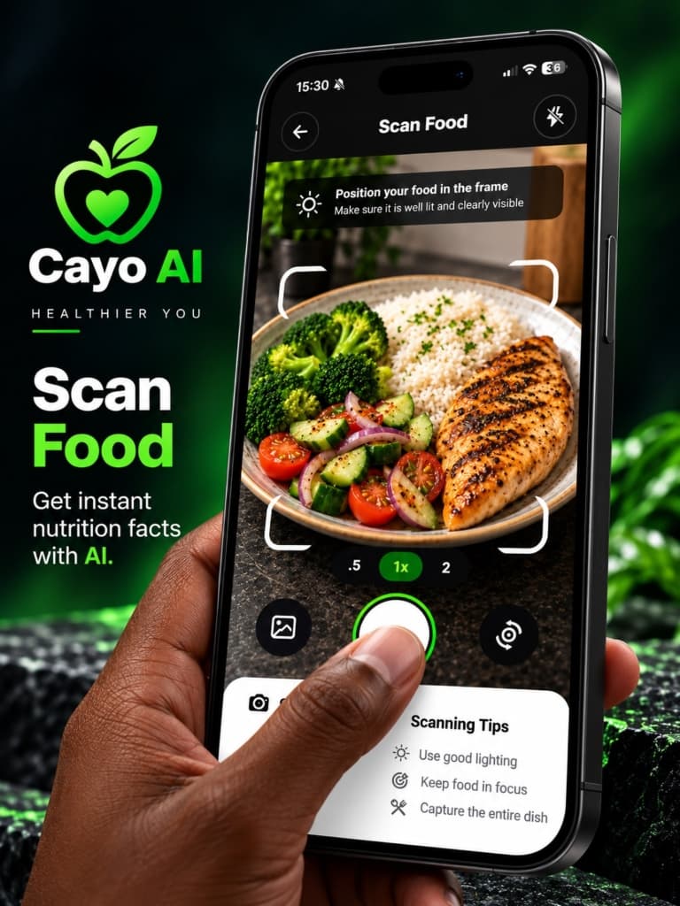 Cayo AI Scan Food camera screen framing a plate of grilled chicken, rice, broccoli and salad, with scanning tips